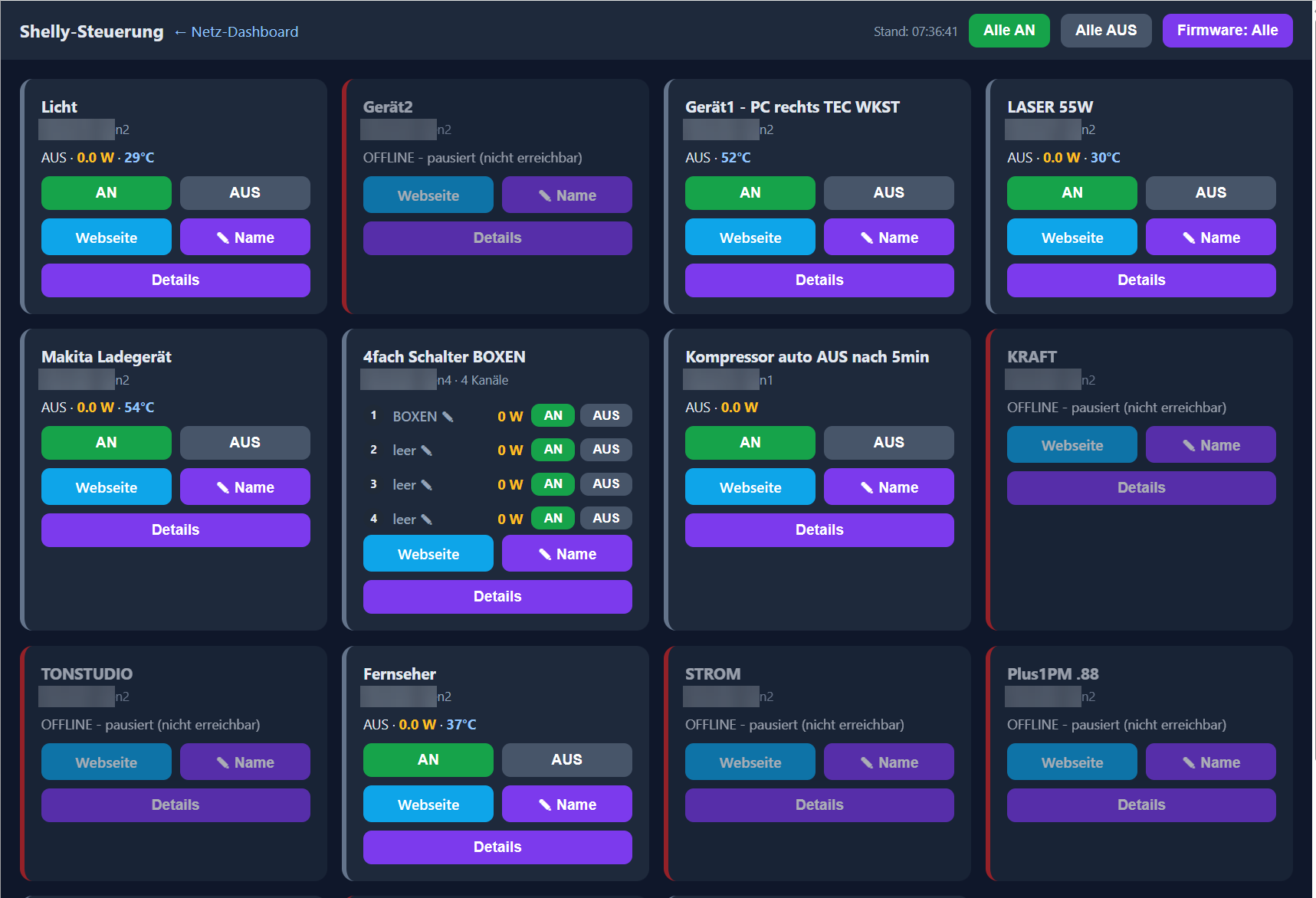 Shelly-Steuerung — Geraete-Dashboard